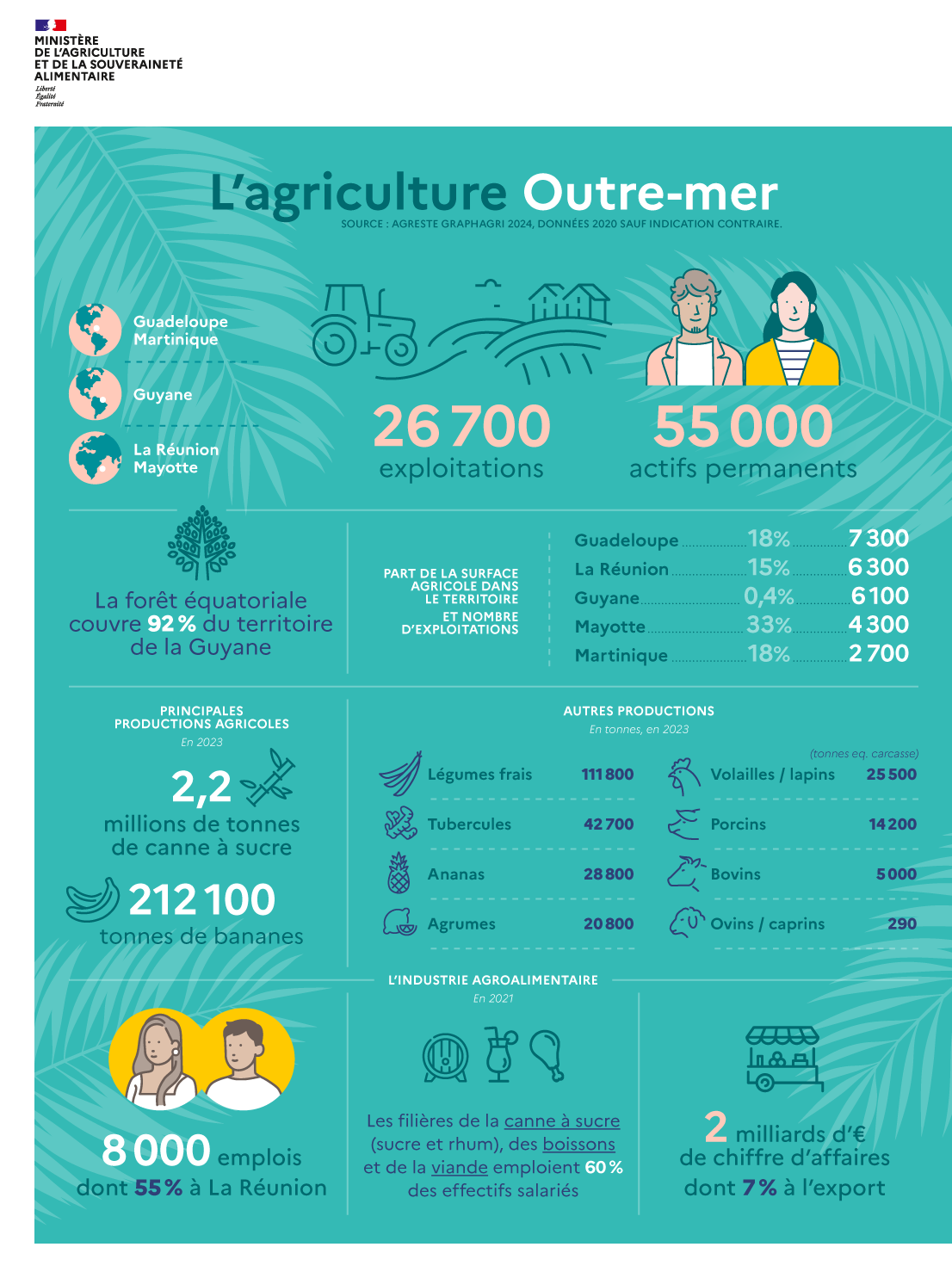 Infographie - L'agriculture Outre mer. Voir la transcription sous l'image